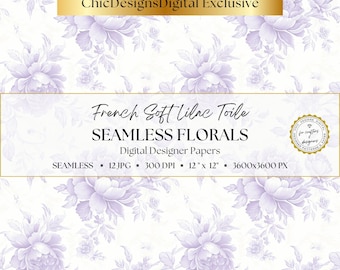 Lilac Toile De Jouy Digital Paper, 12 Seamless Floral Patterns, Vintage Victorian Floral Backgrounds, Purple Rose Printable Paper