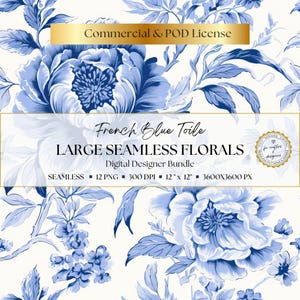 Blue and white toile floral digital papers with oversized peony-style blooms, seamless repeating botanical patterns, and timeless vintage elegance for scrapbooking, junk journals, invitations, planner decoration, paper layering, wrapping accents, and soft romantic craft creations.