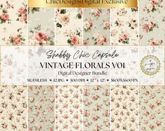 Shabby Chic Rose Digital Papers: 12 Seamless Vintage Floral Patterns, Romantic Junk Journal, Scrapbooking & Card Making, Instant Download