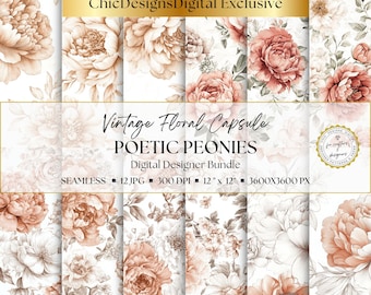 Vintage Peony Digital Papers: 12 Seamless Floral Patterns for Junk Journals, Scrapbooking & Printable Crafts, Instant Download