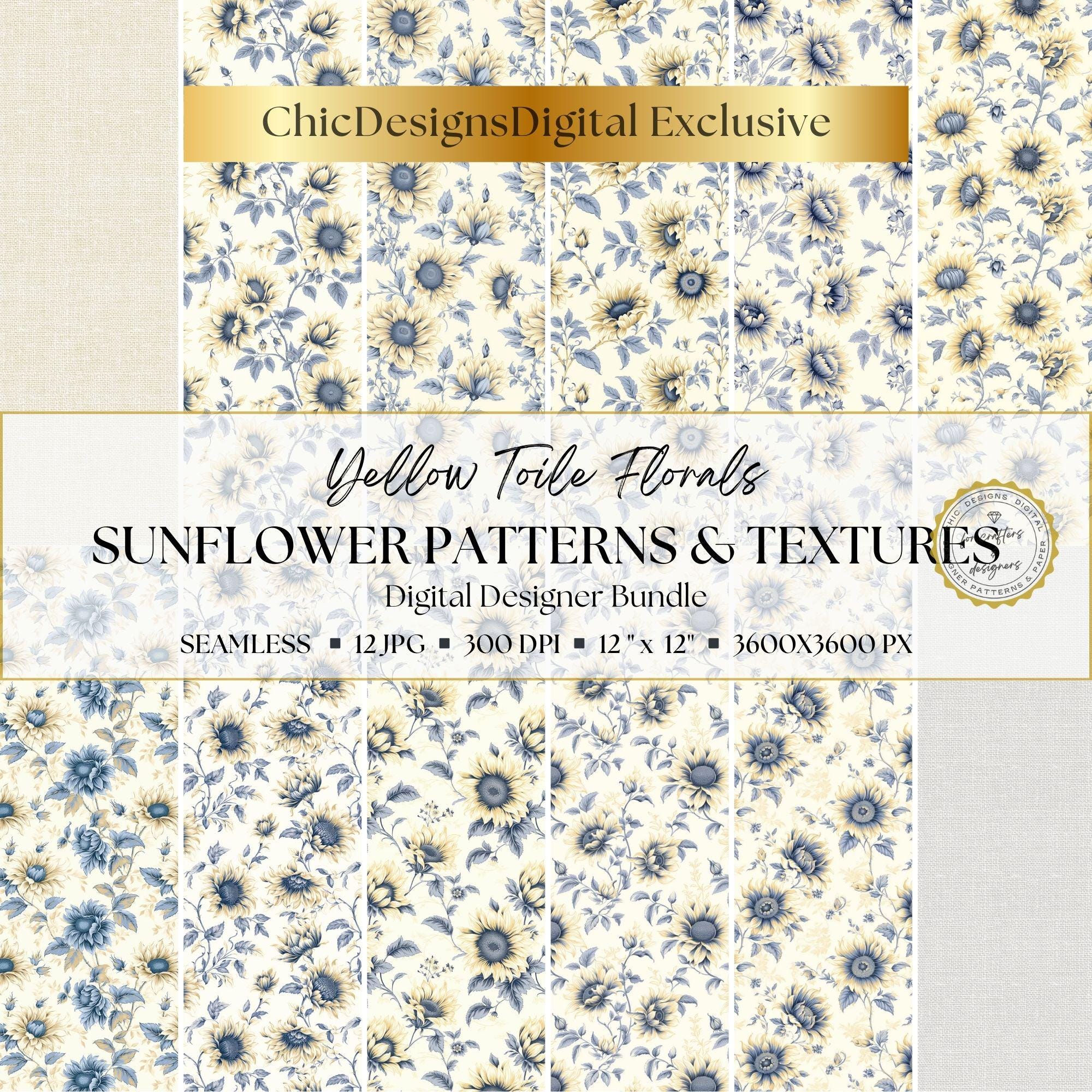 Yellow Sunflower Patterns & Linen Textures: Floral Toile Digital Papers ...