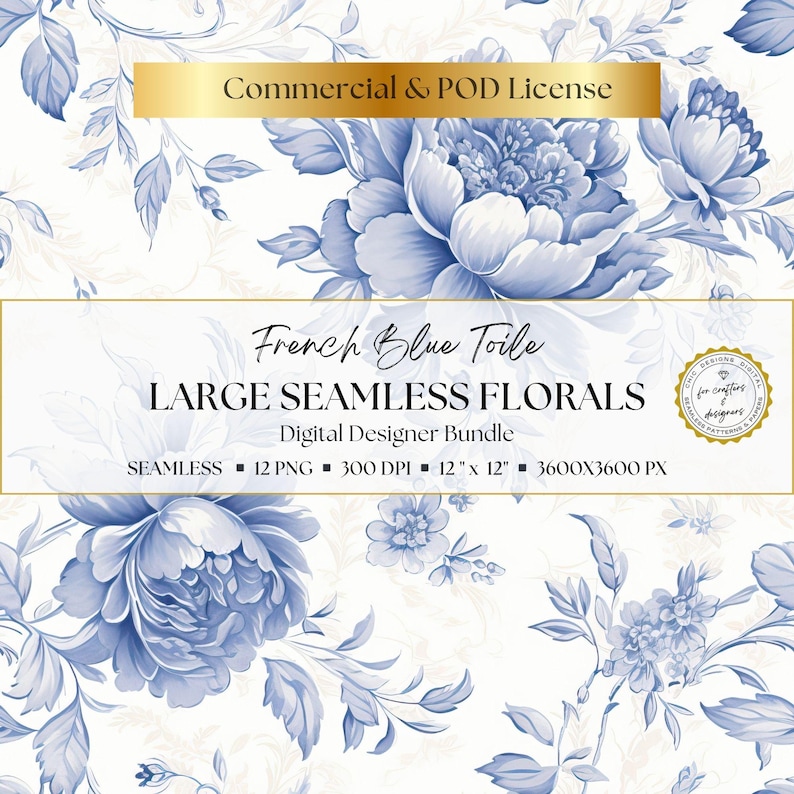 Seamless French blue floral papers with large-scale toile style flowers, airy blue and white palette, and classic decorative botanical design for scrapbook layouts, junk journal pages, greeting cards, paper crafts, backgrounds, and elegant printable stationery.