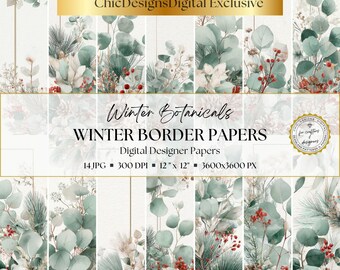 Winter Botanical Border Papers, Christmas Digital Paper Pack, Eucalyptus Pine Cone Backgrounds, Junk Journal & Scrapbook Paper, 14 JPG 12x12