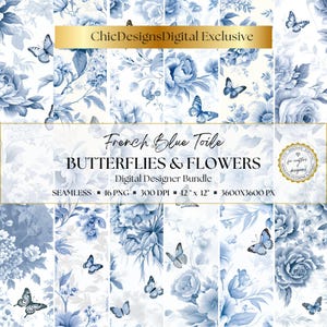Papiers numériques toile bleue : 16 motifs papillons et floraux vintage sans couture pour le scrapbooking, les journaux indésirables, les travaux manuels de printemps, téléchargement immédiat