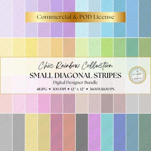 May include: A digital designer bundle featuring small diagonal stripes in a variety of colors, including pink, yellow, blue, and green. The text reads "Chic Rainbow Collection" and "Small Diagonal Stripes." The bundle includes 48 JPG files, each 12" x 12" at 300 DPI.
