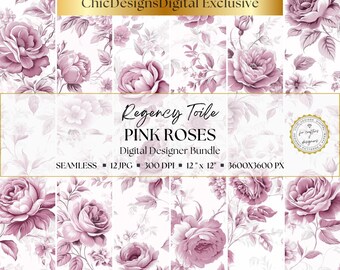Regency Pink Rose Toile Digital Papers: 12 Seamless Vintage Floral Patterns for Journals, Scrapbooking, Card Making & Craft Instant Download