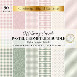 May include: A digital designer bundle showcasing pastel geometric patterns. The image presents various seamless designs, such as gingham, circles, diamonds, and stripes, in soft pink, green, and beige hues. The text reads "Soft Spring Capsule Pastel Geometrics Bundle."