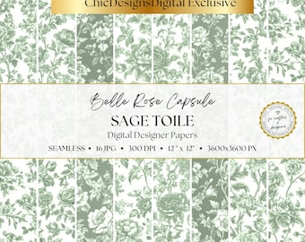 Sage Green Floral Patterns, Chinoiserie Toile Digital Papers, 16 Seamless Cottagecore Backgrounds, Vintage French Floral Paper