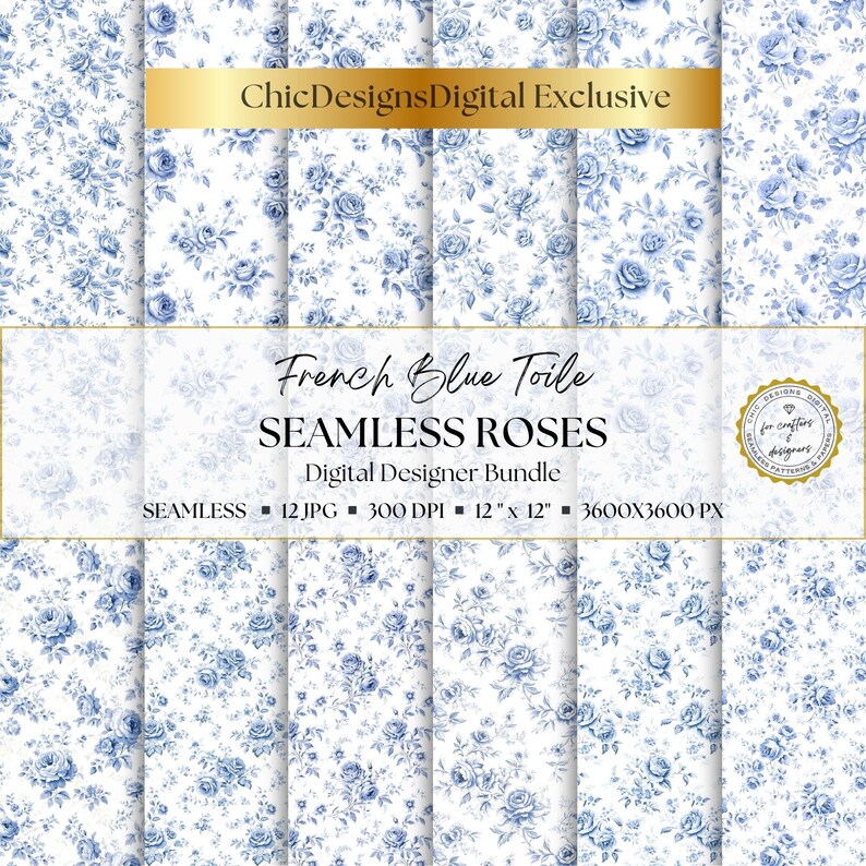 French Blue Roses Toile De Jouy Digital Paper, 12 Seamless Patterns ...