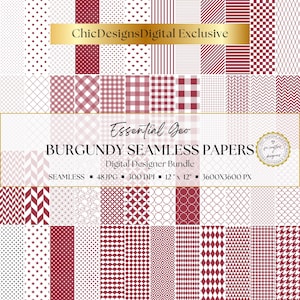 Op de afbeelding: Een digitale bundel van bordeauxrode naadloze papieren met diverse geometrische patronen. De afbeelding toont ontwerpen zoals stippen, strepen en ruiten. De tekst op de afbeelding luidt "Essential Geo Burgundy Seamless Papers".