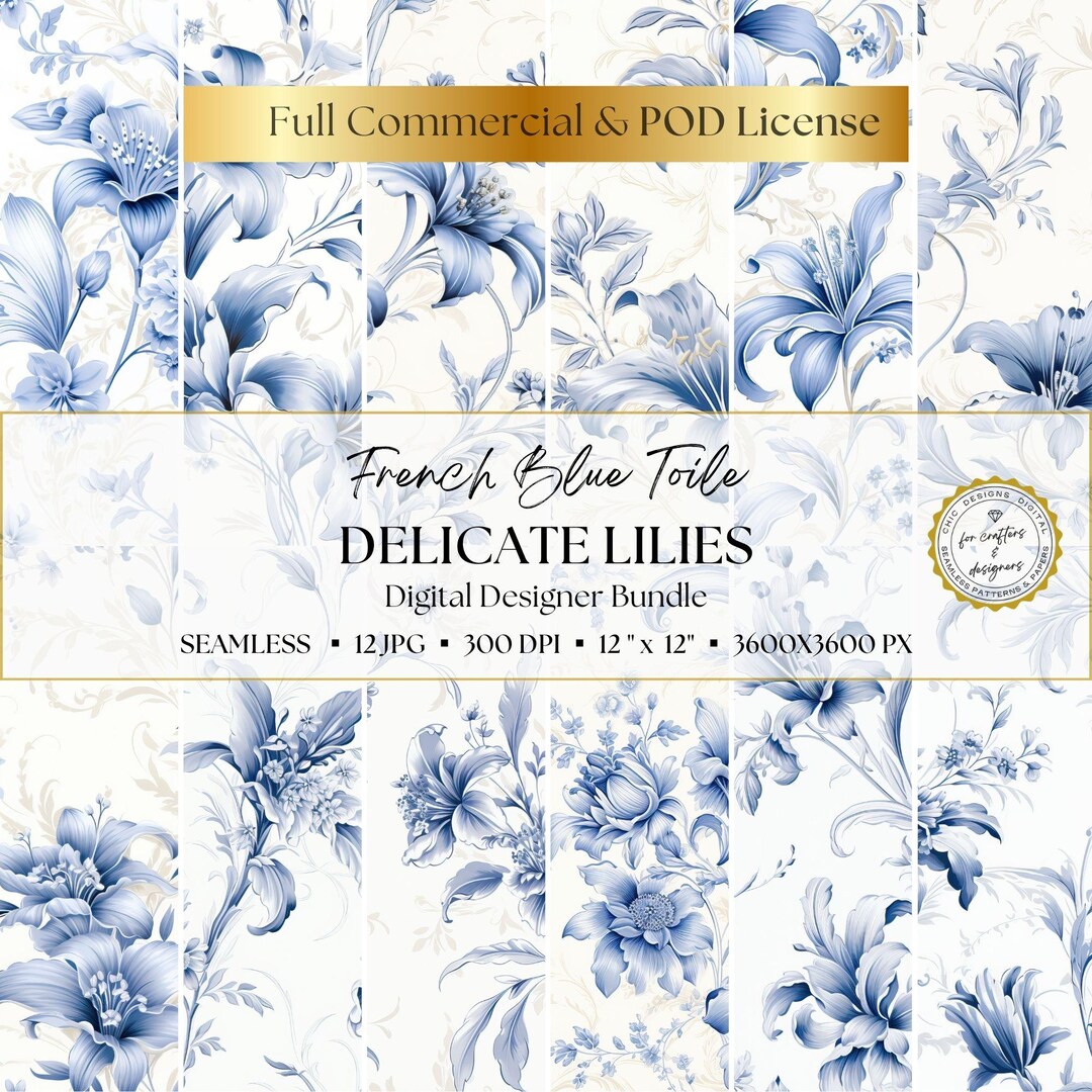 French Blue Floral Toile De Jouy Digital Paper Pack, Delicate Lillies ...