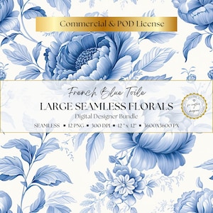 Grand-scale blue toile floral digital paper bundle featuring oversized seamless botanical patterns in soft French blue on white, ideal for junk journaling, ephemera, card fronts, invitations, planner inserts, collage work, and romantic vintage-style craft designs.