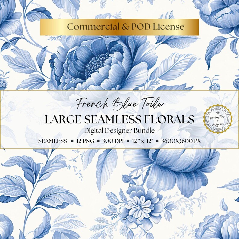 Grand-scale blue toile floral digital paper bundle featuring oversized seamless botanical patterns in soft French blue on white, ideal for junk journaling, ephemera, card fronts, invitations, planner inserts, collage work, and romantic vintage-style craft designs.
