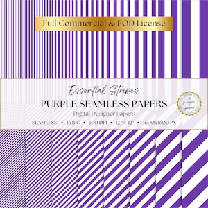 May include: A collection of purple and white striped digital papers featuring vertical and diagonal patterns. The text reads Full Commercial & POD License, Essential Stripes PURPLE SEAMLESS PAPERS, Digital Designer Papers, SEAMLESS, 16 JPG, 300 DPI, 12" x 12", 3600x3600 PX.