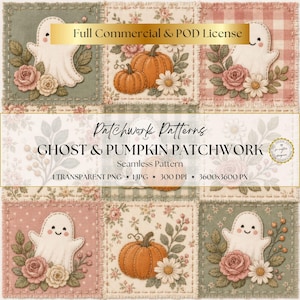Halloween-lapptäcke sömlöst mönster, spökpumpa-quiltmönster, Cottagecore höst digitalt papper, transparent PNG och JPG, kommersiellt bruk