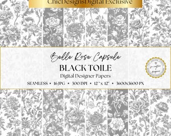 Black Toile Digital Papers, Monochrome Chinoiserie Floral Patterns, 16 Seamless Black & White Floral Backgrounds, French Toile De Jouy Paper