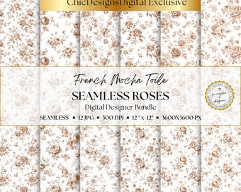 Mocha Brown Toile Digital Papers: 12 Seamless Floral Backgrounds for Junk Journals & Scrapbooking, Patterns for Neutral Vintage Crafts