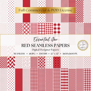 Red Geometric Digital Papers, 48 Seamless Patterns, Red Gingham, Stripes, Polka Dots, Houndstooth & Checkerboard, Essential Geo Collection