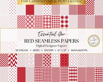 Red Geometric Digital Papers, 48 Seamless Patterns, Red Gingham, Stripes, Polka Dots, Houndstooth & Checkerboard, Essential Geo Collection