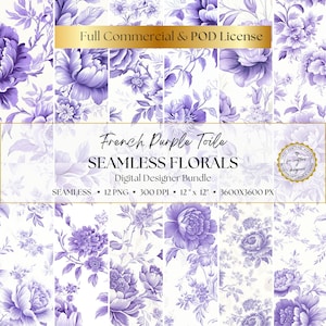 Carta digitale Toile de Jouy con motivi floreali viola francesi, 12 motivi senza soluzione di continuità, scrapbooking, diario di scarto, download digitale istantaneo, uso commerciale