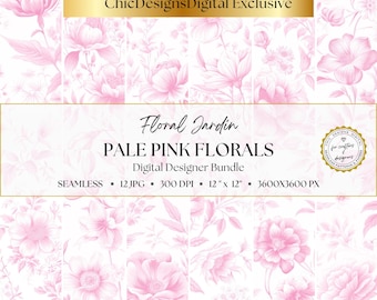 Pale Pink Floral Digital Papers, Seamless Pastel Flower Patterns, 16 Soft Pink & White Backgrounds, Scrapbook Junk Journal Paper