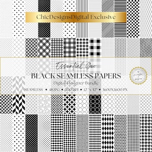 May include: A digital designer bundle featuring 48 black and white seamless papers with various geometric patterns. The papers include polka dots, stripes, and other designs. The bundle is 12" x 12" and 300 DPI.