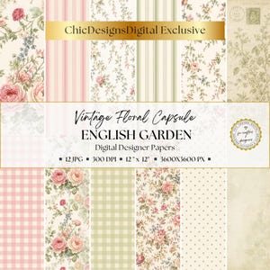 Vintage Rose Digital Paper Pack, 12 Pink & Sage English Garden Floral Backgrounds, Gingham, Stripes, Polka Dot and Aged Postcard Texture