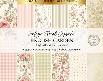 Vintage Rose Digital Paper Pack, 12 Pink & Sage English Garden Floral Backgrounds, Gingham, Stripes, Polka Dot and Aged Postcard Texture