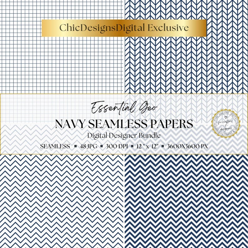 Navy Digital Papers: Essential Geo Collection, 48 Seamless Patterns ...
