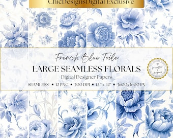 May include: Digital designer papers featuring a French blue toile floral pattern. The design includes large seamless florals in shades of blue on a white background. The image includes the text "French Blue Toile" and "Large Seamless Florals".