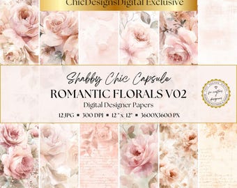 Shabby Chic Floral Digital Paper Pack, Pink Rose Junk Journal Paper, 12 Seamless Floral Patterns, Vintage Romantic Backgrounds, 12x12, JPG