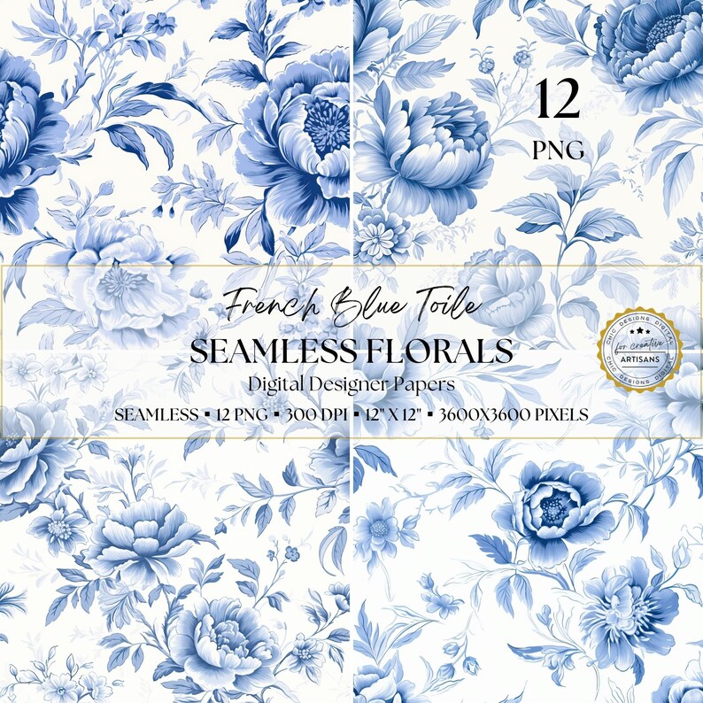 French Blue Floral Toile De Jouy Digital Paper, 12 Seamless Patterns ...