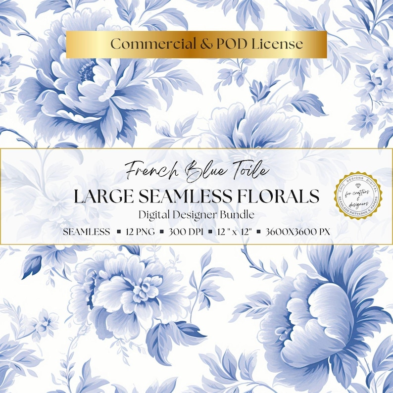 Blue and white toile floral digital papers with oversized peony-style blooms, seamless repeating botanical patterns, and timeless vintage elegance for scrapbooking, junk journals, invitations, planner decoration, paper layering, wrapping accents, and soft romantic craft creations.