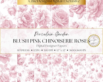 Blush Pink Toile Seamless Digital Papers, 12 Chinoiserie Rose Patterns, Pink Floral Scrapbook Paper Pack, Vintage Rose Backgrounds