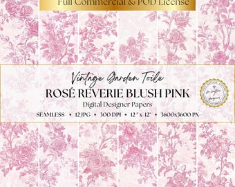 Pink Toile de Jouy Digital Papers, 12 Vintage Floral Patterns, French Seamless Patterns, Blush Pink Floral Backgrounds