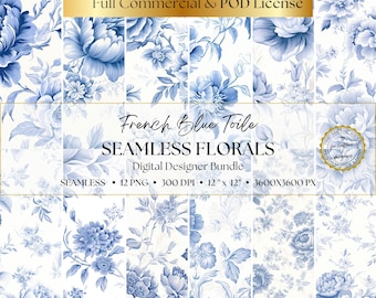 French Blue Floral Toile de Jouy Digital Paper, 12 Seamless Patterns, Scrapbooking Junk Journal, Instant Digital Download, Commercial Use C1