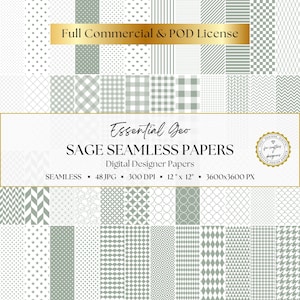 Sage Green Digital Papers, 48 Seamless Geometric Patterns, Gingham, Polka Dots, Stripes, Diamonds, Hearts & Checkerboard Backgrounds