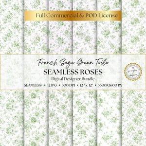 French Sage Green Roses Toile de Jouy digitaal papier, 12 naadloze patronen, achtergrond, scrapbooking, journaling, instant digitale download