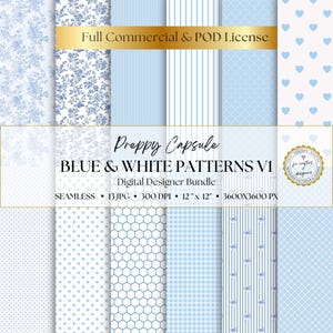 Preppy blauw-wit digitaal papier, naadloze babyshowerpatronen, toile de jouy, coquette-strikken, geruit, gingang, achtergronden met stippen