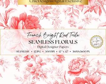 Red Toile De Jouy Digital Papers, 12 Seamless Vintage Floral Patterns, Red Floral Paper Pack, Victorian Designs, Red & White Scrapbook Paper