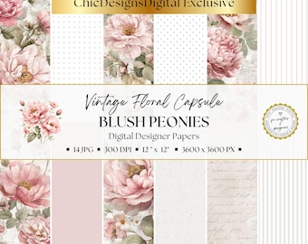 Vintage Peony Digital Paper Pack, Shabby Chic Floral Junk Journal Papers, Blush Pink Botanical Ephemera Backgrounds, Script Textures