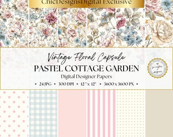 Pastel Floral Digital Paper Pack, 24 Seamless Patterns, Vintage Floral Scrapbook Paper, Shabby Chic Cottagecore Backgrounds, Digital Papers