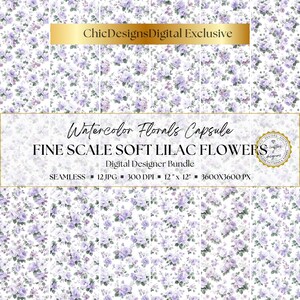 Puede incluir: Paquete de diseño digital con un patrón floral de acuarela de flores de lilas suaves a pequeña escala. El diseño incluye patrones sin costuras, 12 archivos JPG, 300 DPI y mide 30,48 cm x 30,48 cm (3600x3600 px).