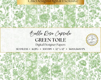 Green Toile Digital Papers, Green & White Chinoiserie Floral Patterns, 16 Seamless Garden Toile Backgrounds, Vintage French Floral Paper
