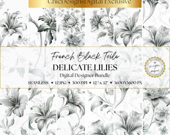 French Black Toile Digital Papers: 12 Seamless Lily Floral Patterns for Junk Journals, Scrapbooking, Vintage Backgrounds & Crafts