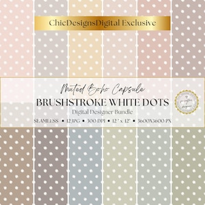 Könnte beinhalten: Ein digitales Designer-Bundle mit nahtlosen Mustern mit weißen Pinselstrich-Punkten auf einer gedämpften Boho-Farbpalette. Das Bundle enthält 12 JPG-Dateien, jeweils 30,48 cm x 30,48 cm bei 300 DPI, mit dem Text "ChicDesignsDigital Exclusive".