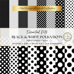 Black & White Polka Dot Digital Papers: 16 Seamless Dot Backgrounds, Small, Medium and Large Patterns, Printable Scrapbook Paper, JPG