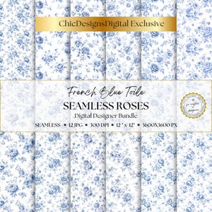 Französische blaue Rosen Toile de Jouy Digital Paper Pack: 12 nahtlose Muster, florale Hintergründe, druckbare Papiere für Scrapbooking & Journaling