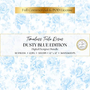 Blue Roses Toile de Jouy digitaal papierpakket, 12 pastelkleurige naadloze bloempatronen, achtergronden voor scrapbooking, junkjournals en uitnodigingen