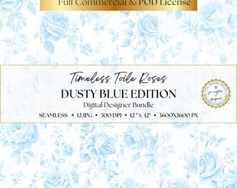 Pacote de papel digital Blue Roses Toile de Jouy, 12 padrões florais pastel sem costura, fundos para scrapbooking, diários de lixo e convites